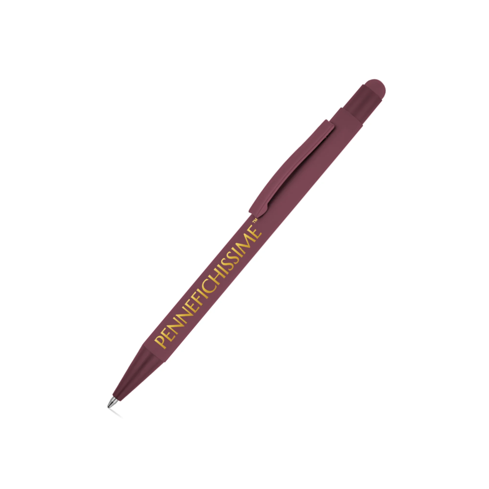 Penna personalizzata touch in alluminio riciclato gommato bordeaux con logo stampato UV digitale