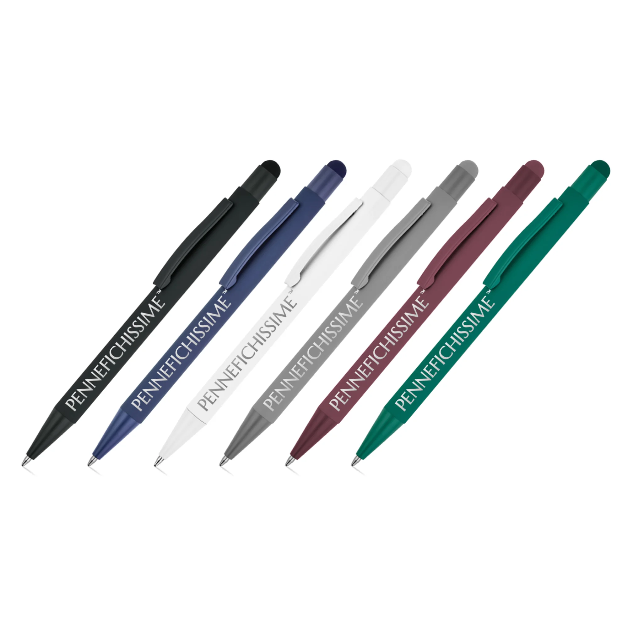Penne personalizzate touch in alluminio riciclato gommato in 6 colori con logo inciso al laser