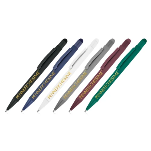 Penne personalizzate touch in alluminio riciclato gommato in 6 colori con logo stampato UV digitale