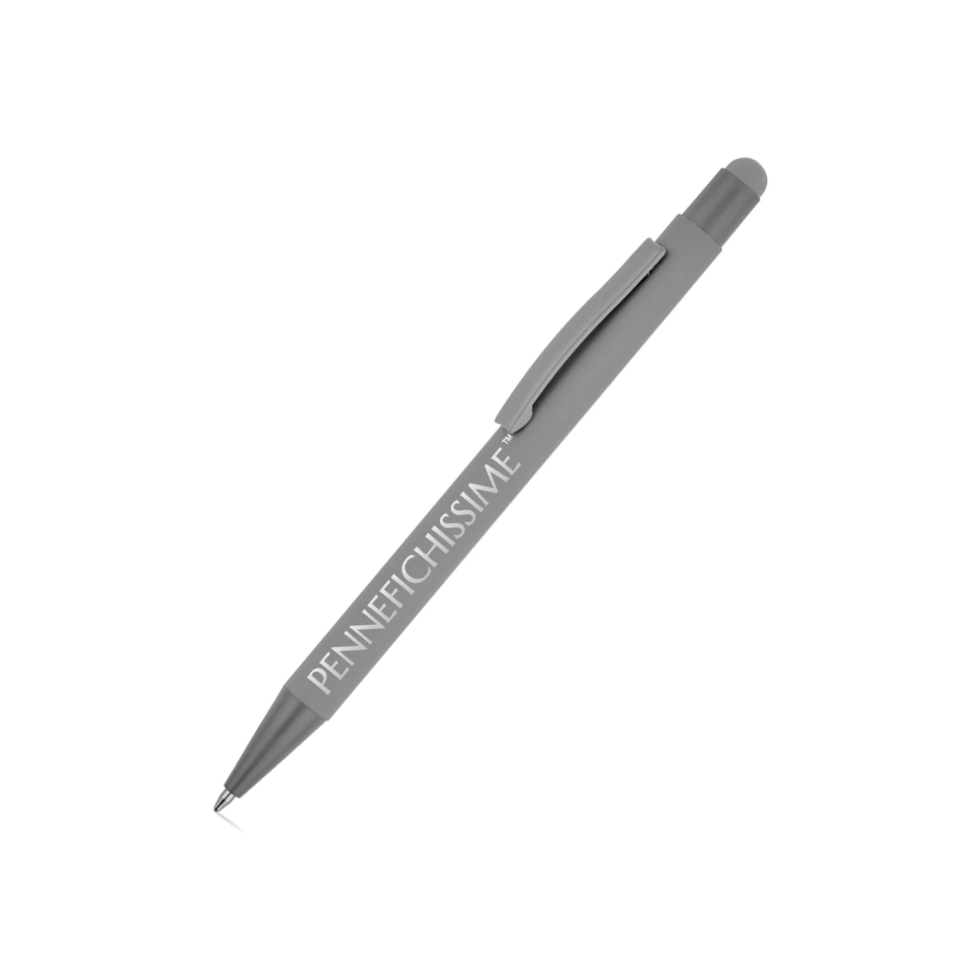 Penna personalizzata touch in alluminio riciclato gommato grigio con logo inciso al laser