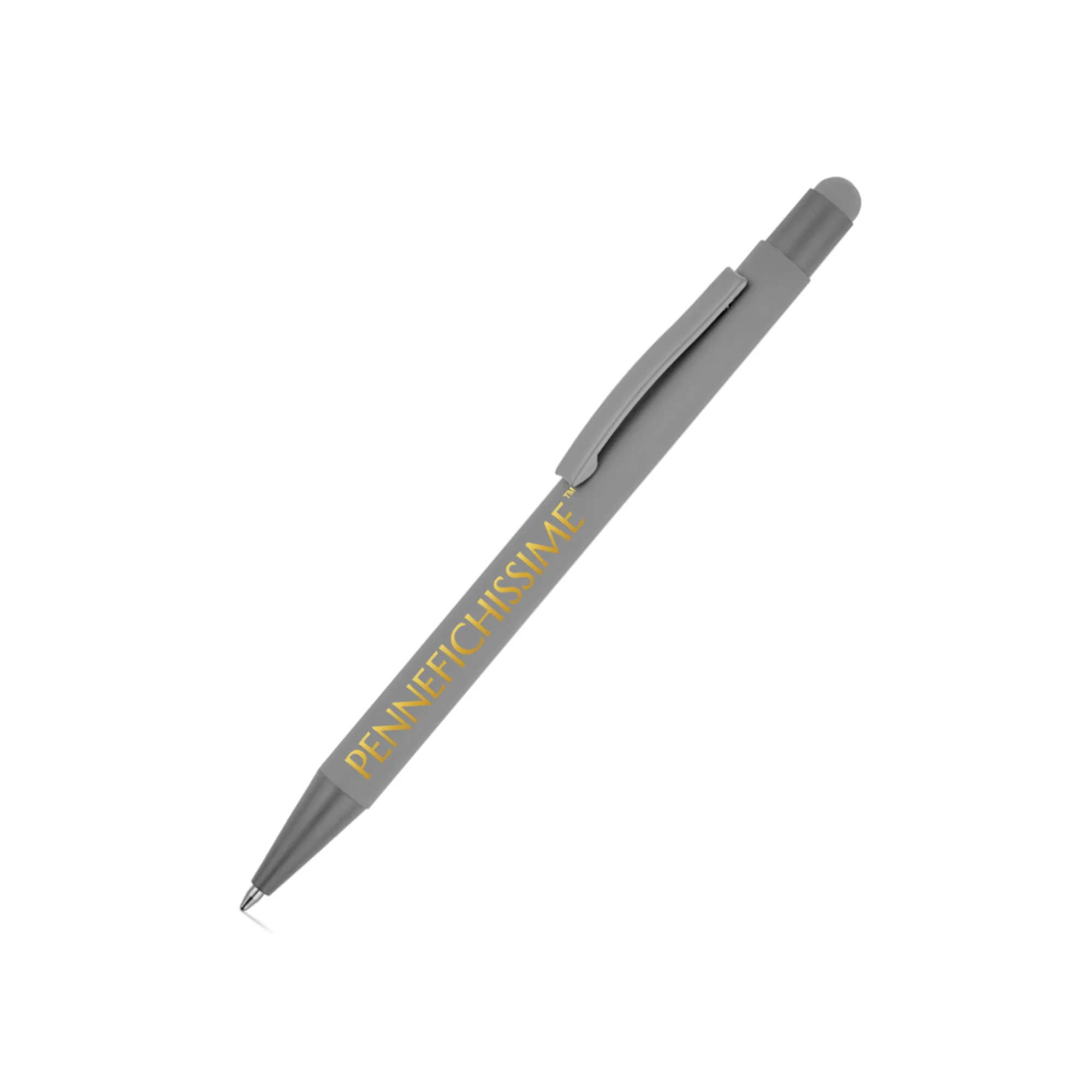 Penna personalizzata touch in alluminio riciclato gommato grigio con logo stampato UV digitale